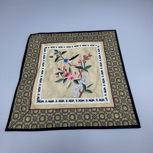Vtg Chinese Silk Art Embroidered Square Green Frameable Panel Blue Bird Flowers - Picture 3 of 7